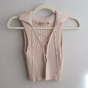 NWOT Designer Aya Muse Cream Ribbed Lace-Up Collared Cropped Tank